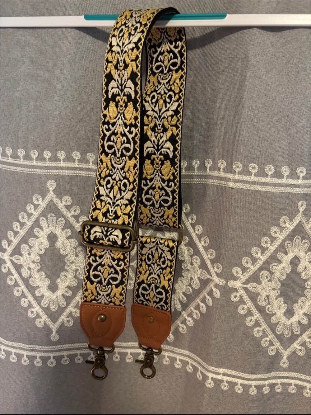 Adjustable Black and Gold Woven Strap with Brown Leather Accents